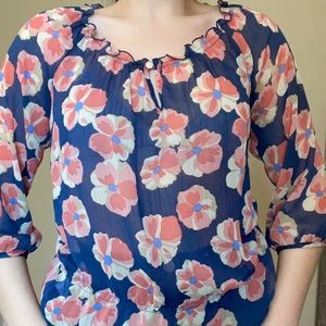 Sheer Floral Ruffled Scoopneck Blouse